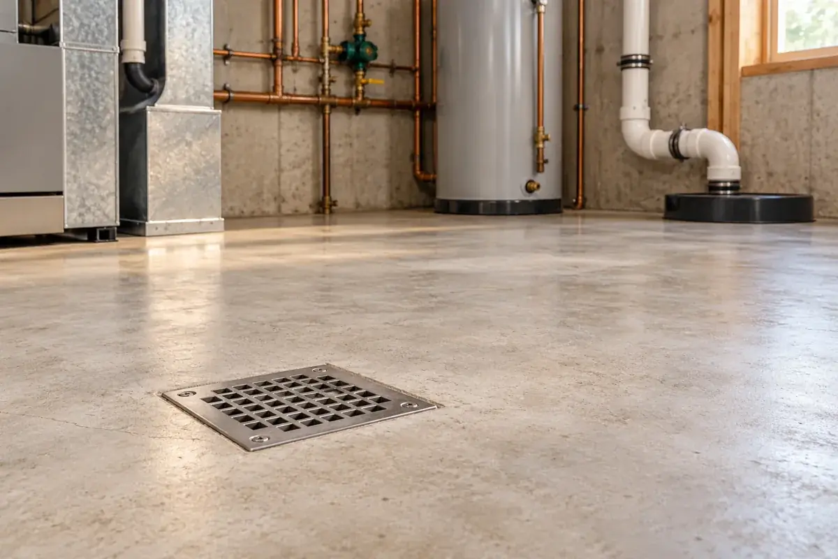 Metal floor drain in a clean residential utility room