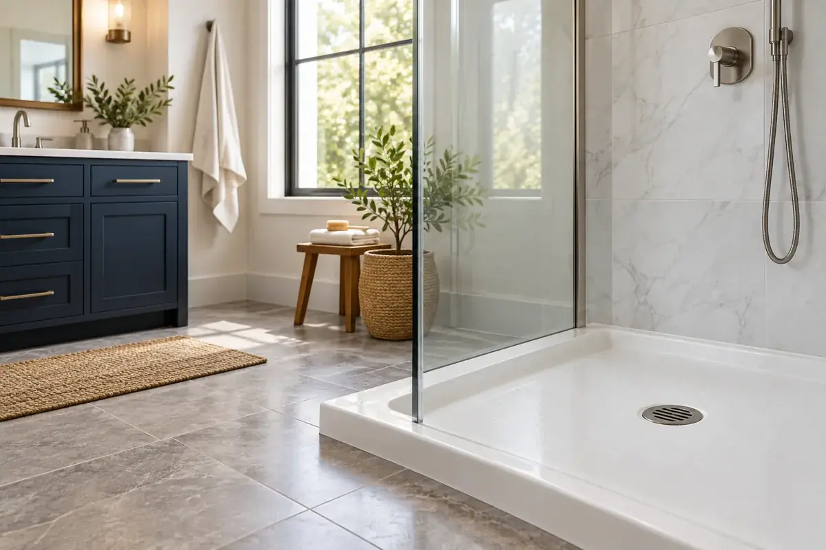 Shower drain and bathroom fixtures in a bright residential bathroom