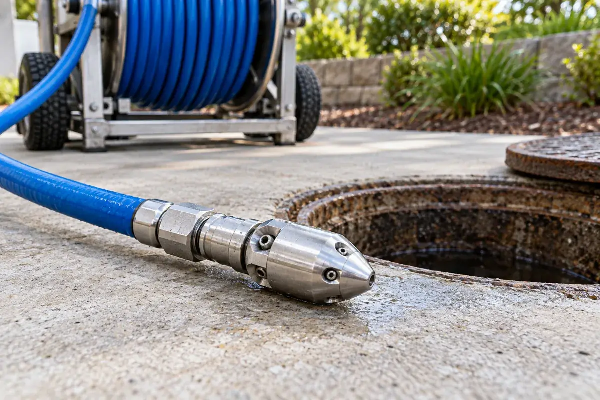 Metal hydro jetting nozzle and high-pressure hose beside a sewer cleanout