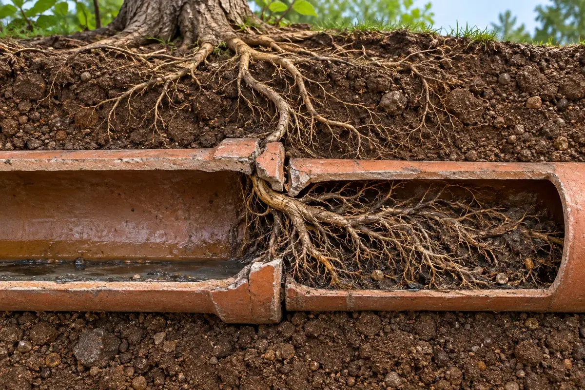 Cutaway illustration of roots entering a sewer pipe joint