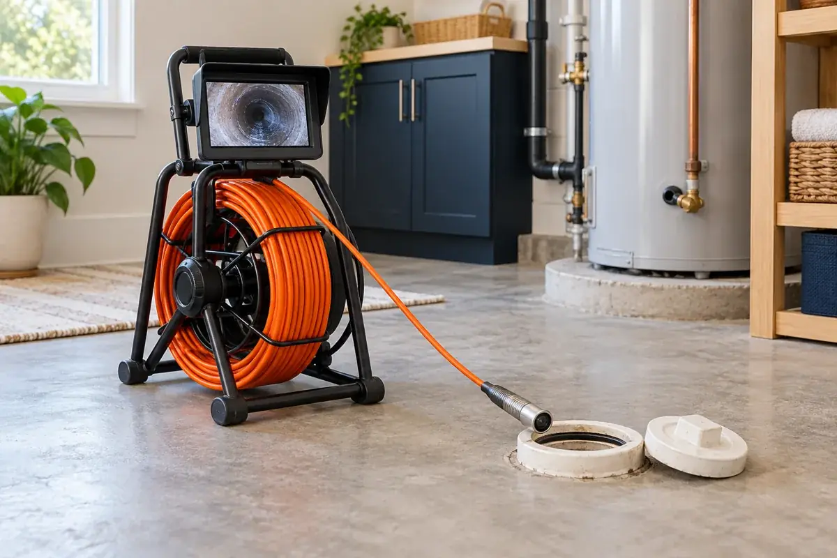 Drain inspection reel and monitor beside a residential utility area