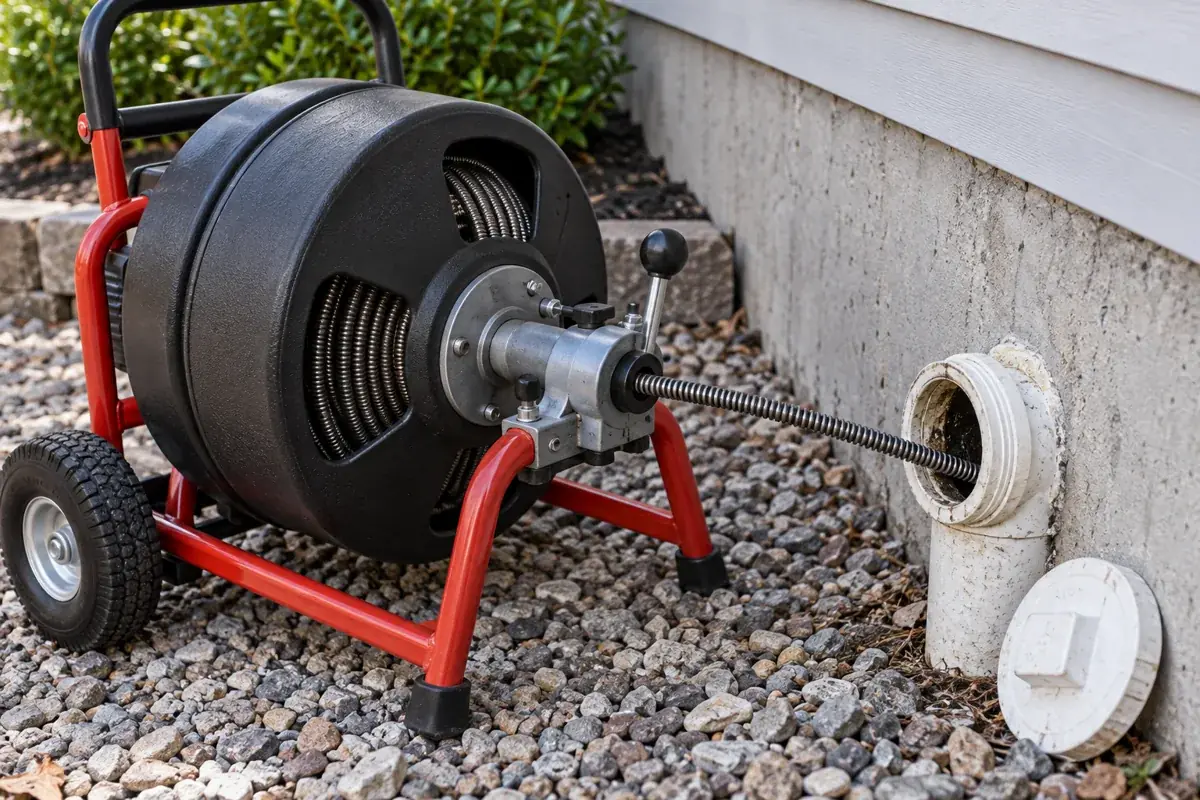 Drain auger cable entering an outdoor sewer cleanout