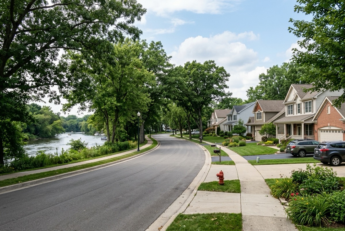 Scenic residential neighborhood along the Fox River in South Elgin, IL