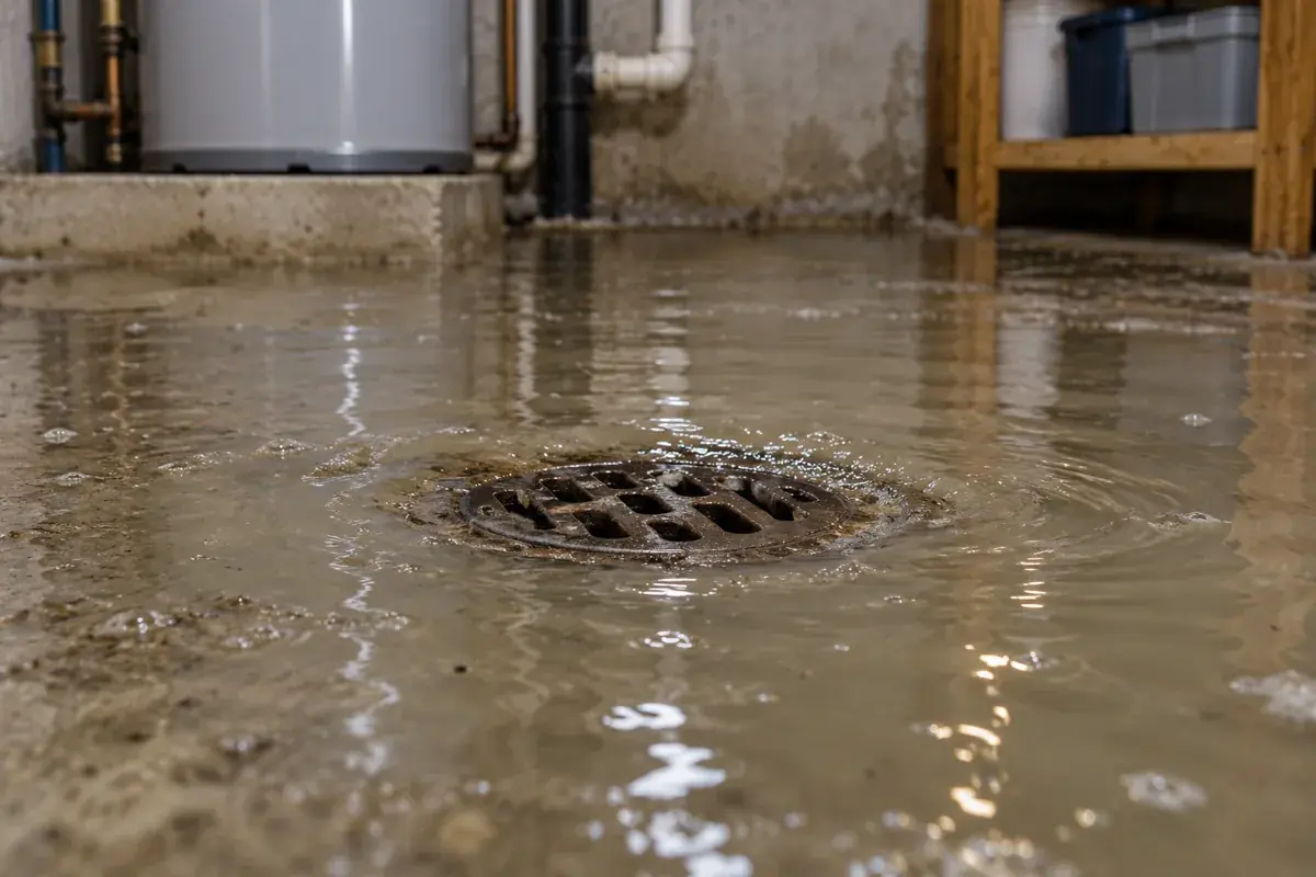 Cloudy backed-up water around a utility-room floor drain